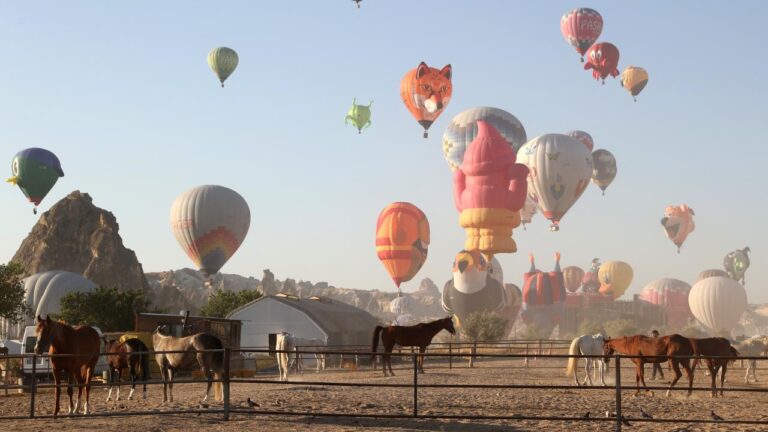 Kapadokya’da figürlü sıcak hava balonları gösteri uçuşu yaptı